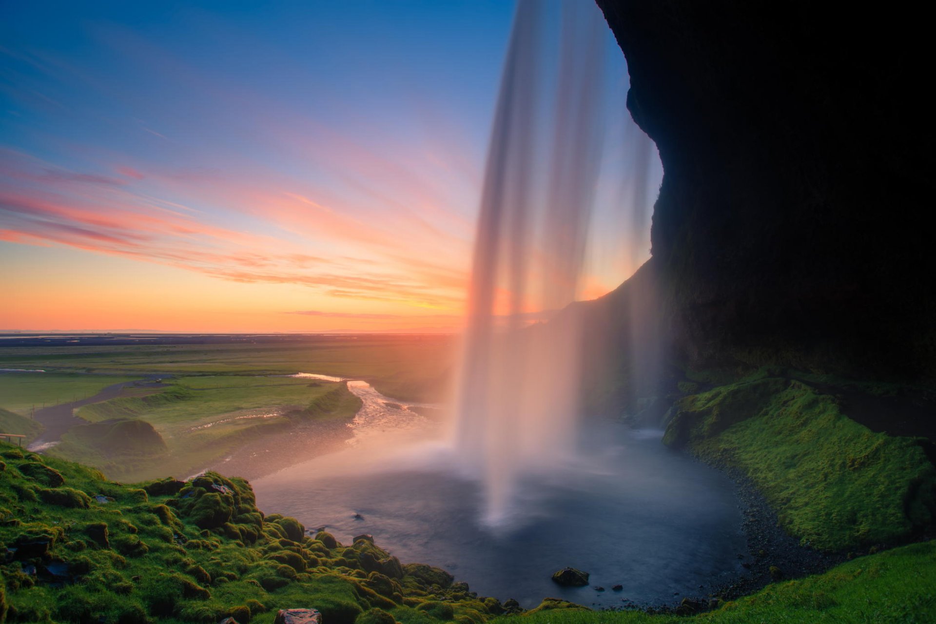 waterfall rock dawn water nature