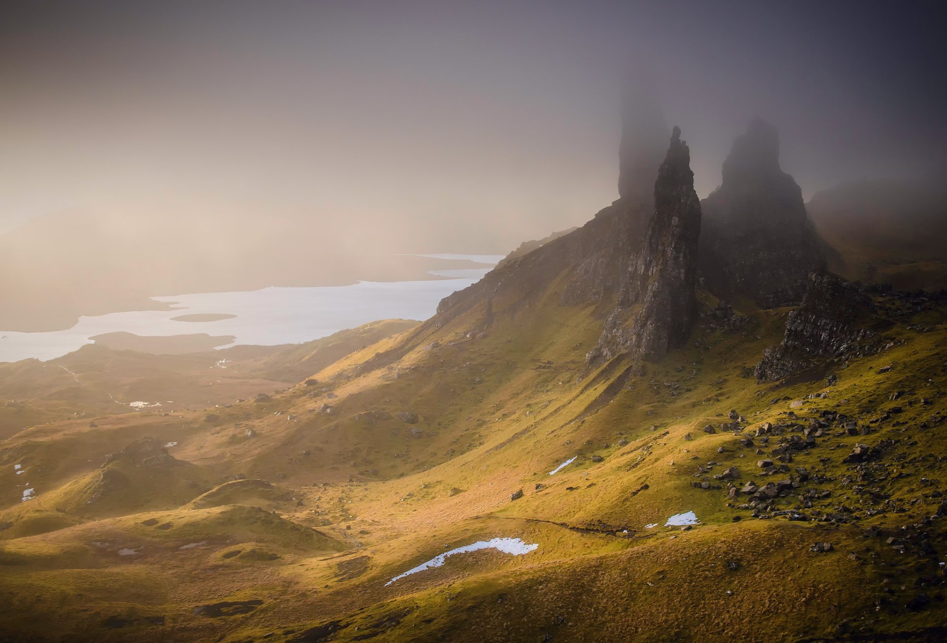 united kingdom scotland mountain hills rock stones valley fog