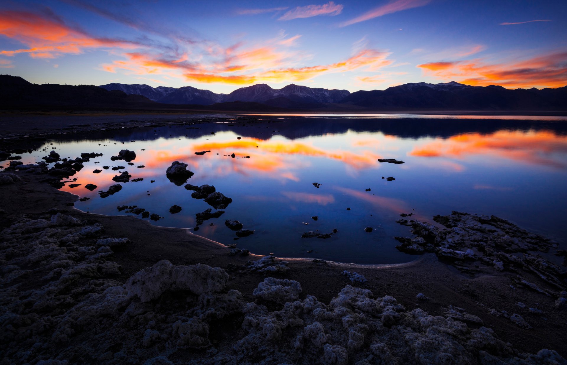 california lake mountain clouds reflection