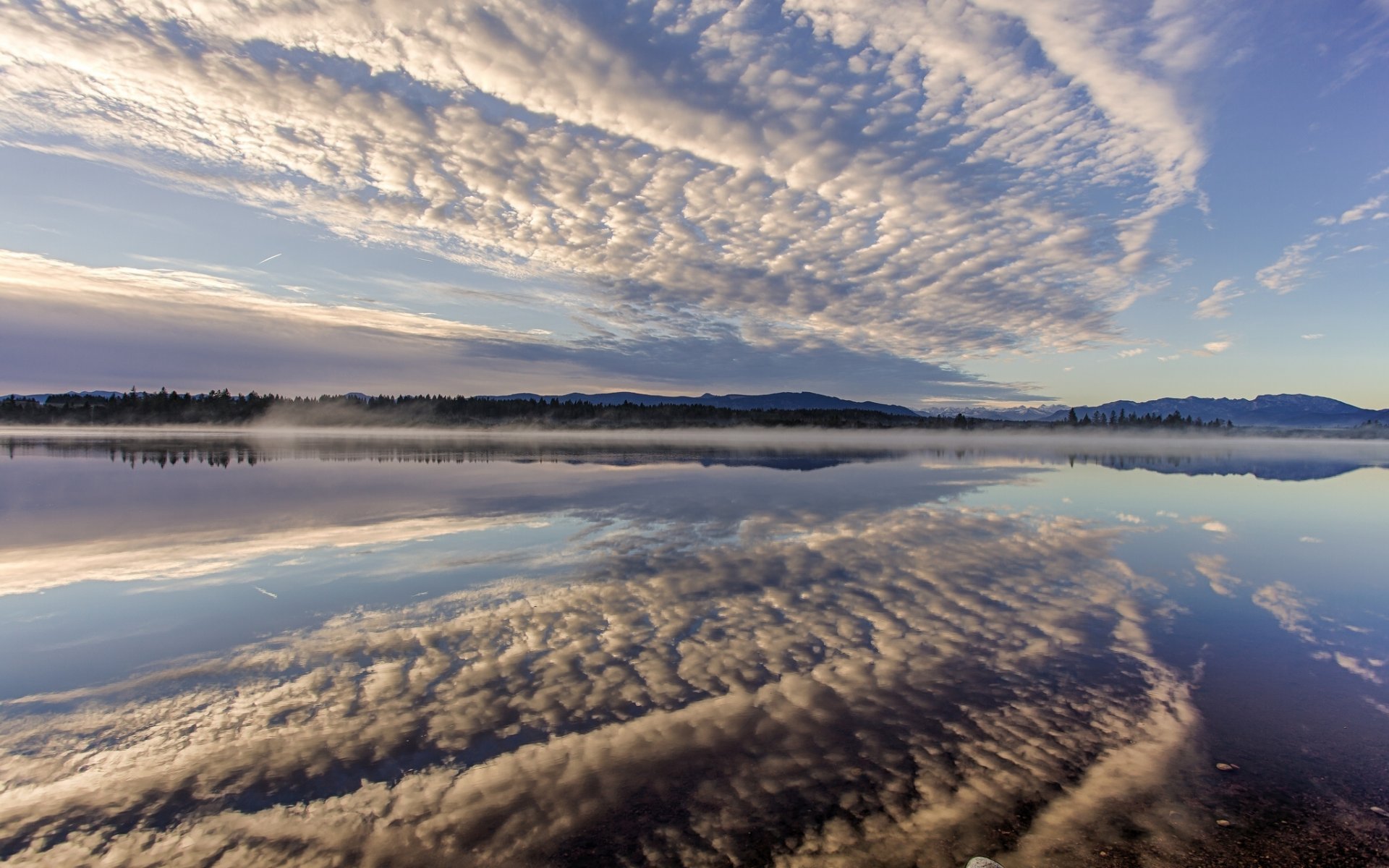 lake kirchsee bavaria germany clouds reflection