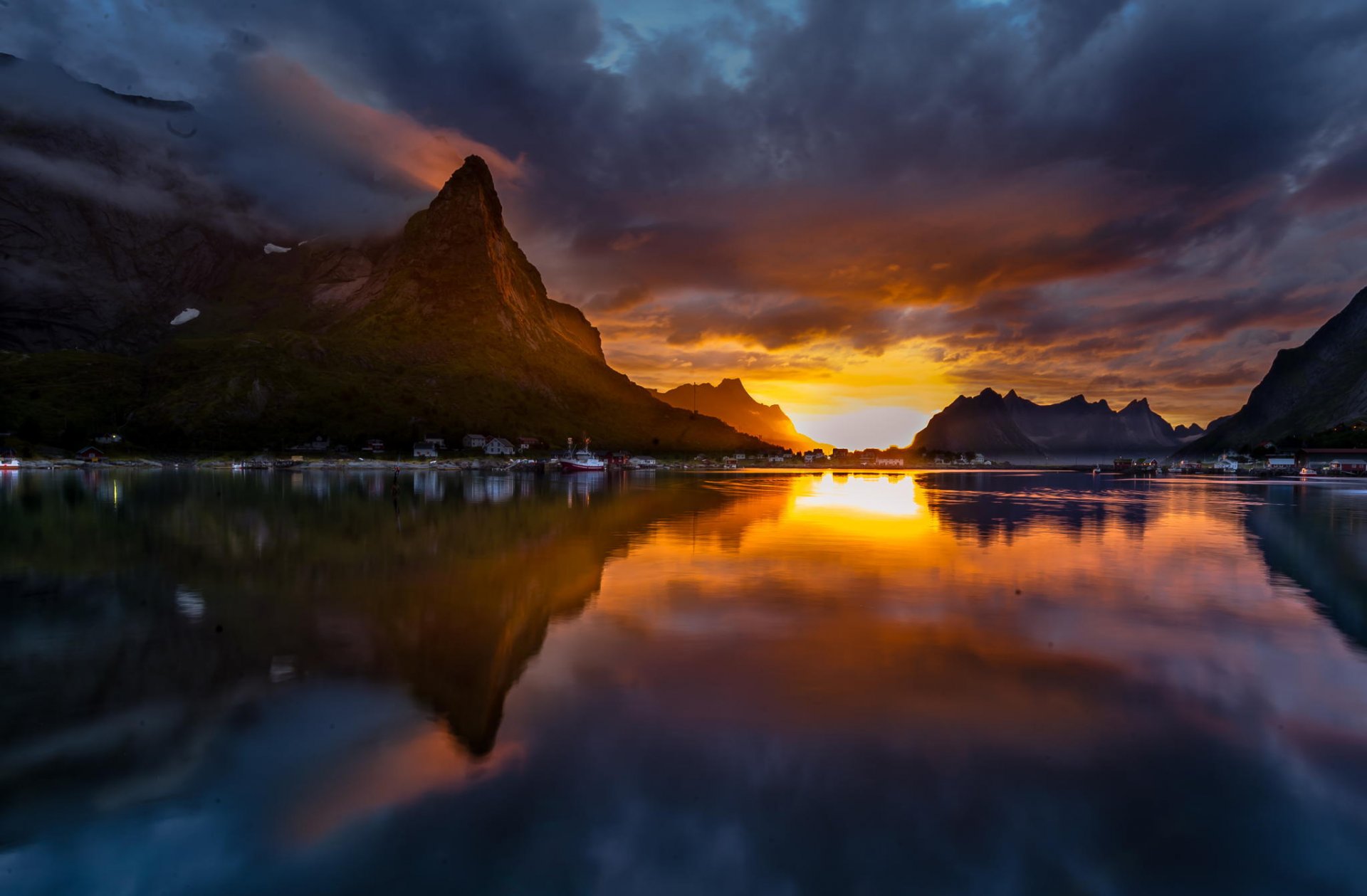 norway reine mountain sunset lake landscape