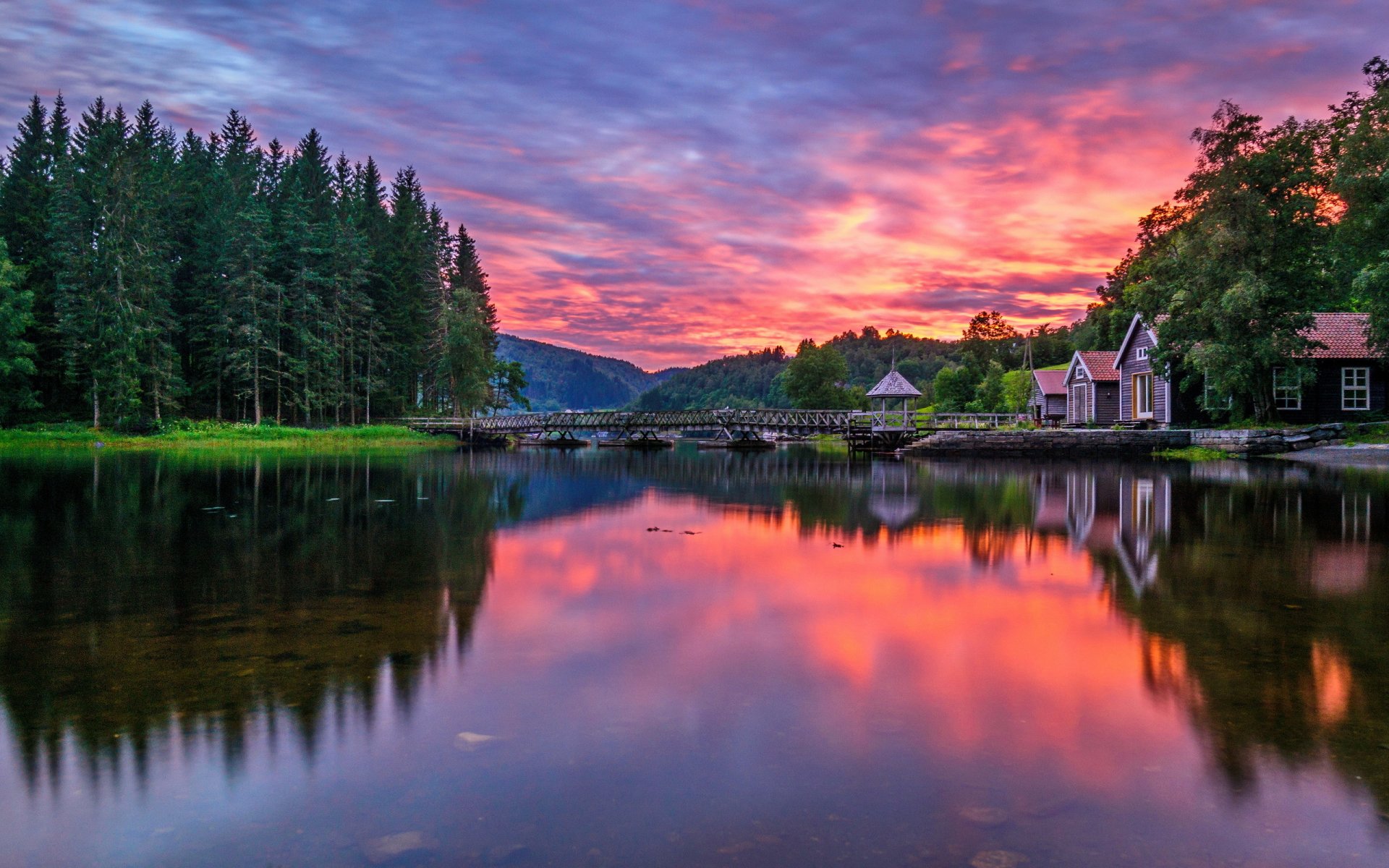 noruega rogoland bosque río puente casa mañana amanecer