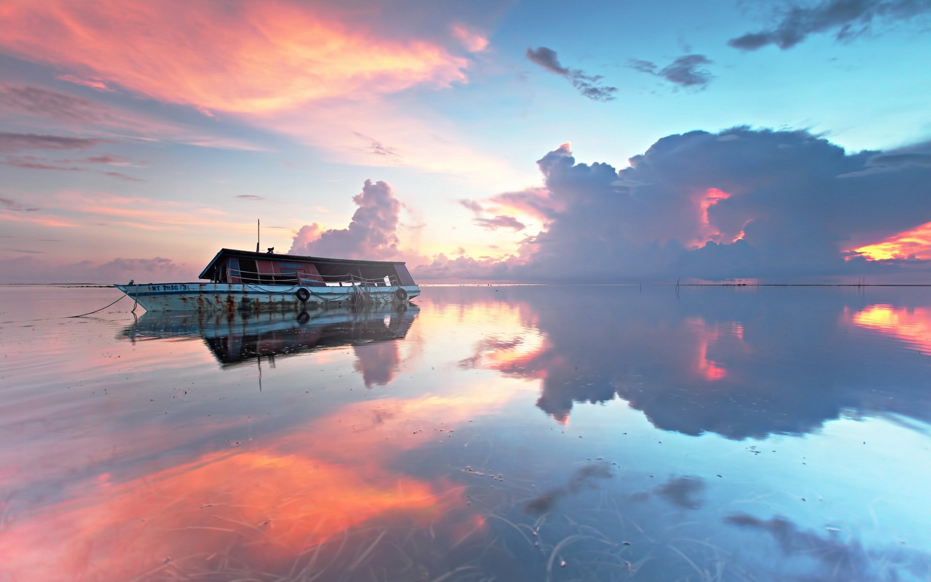 coucher de soleil mer navire paysage