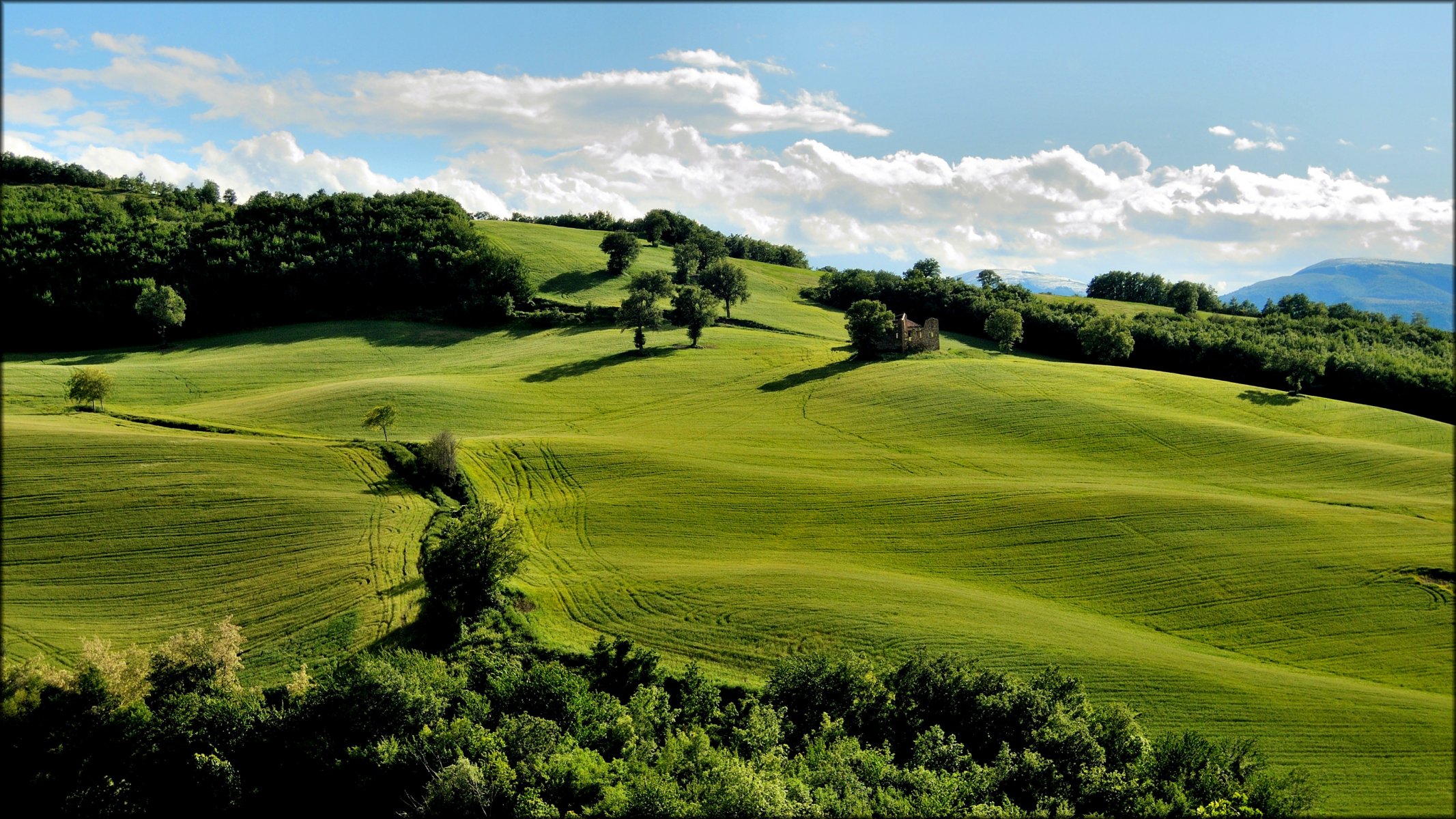 collines ruines herbe arbres ciel nuages