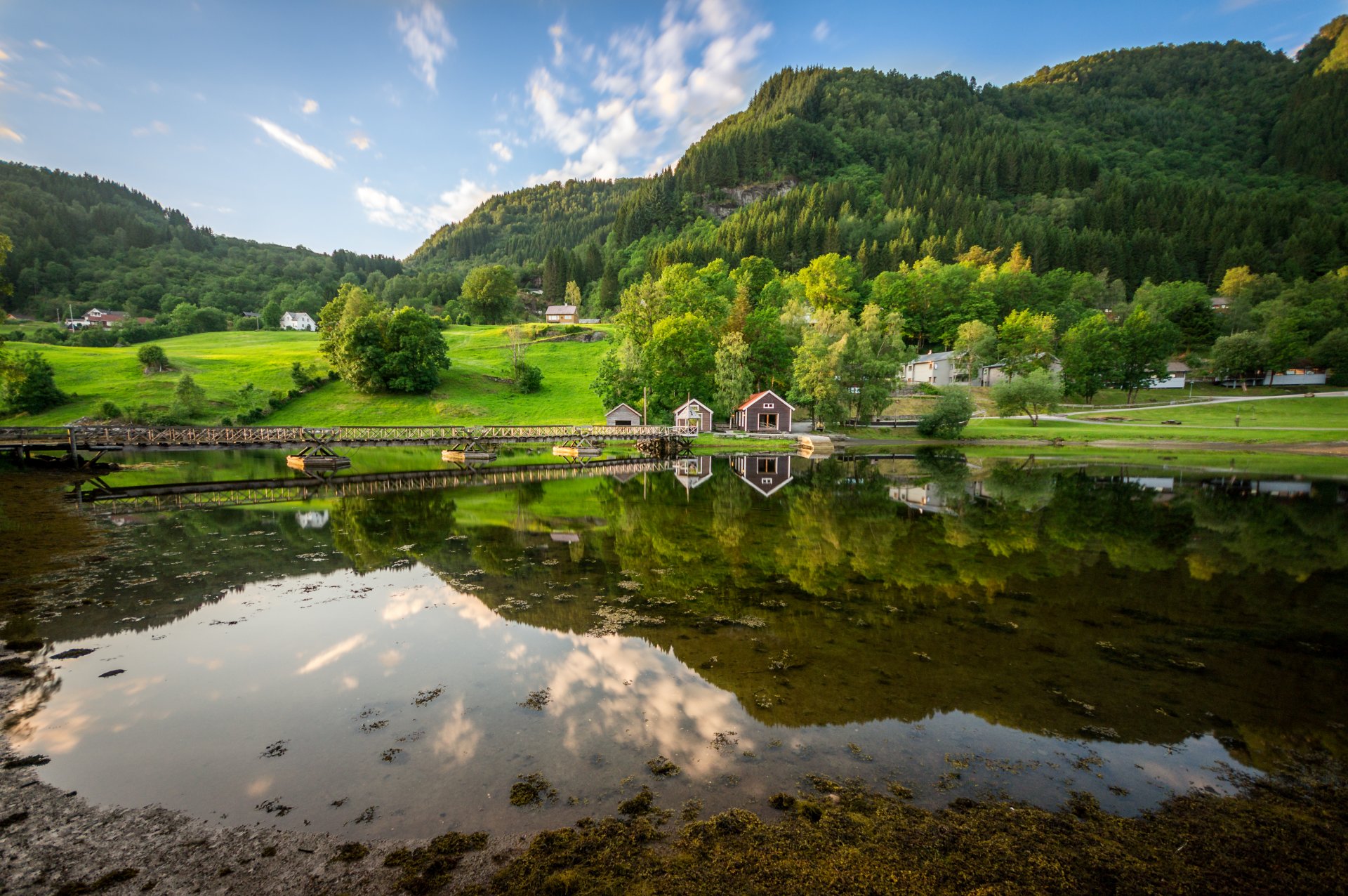 nature sky mountain forest lake bridge house reflection