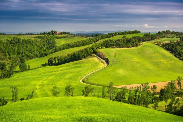 Straße und Hügel in Italien, Toskana, am Horizont Berge und Himmel