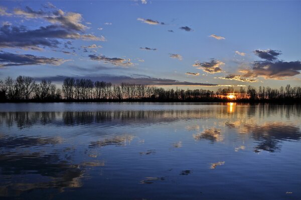 Reflection of sunset and trees in the lake