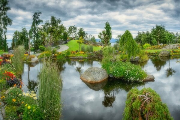 Landscape design of a pond in the park