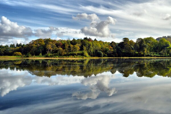 Der Wald und die schwebenden weißen Wolken spiegeln sich in einem sauberen See wider