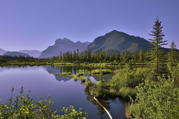 Paysage en violet, lac reflète le ciel et les montagnes