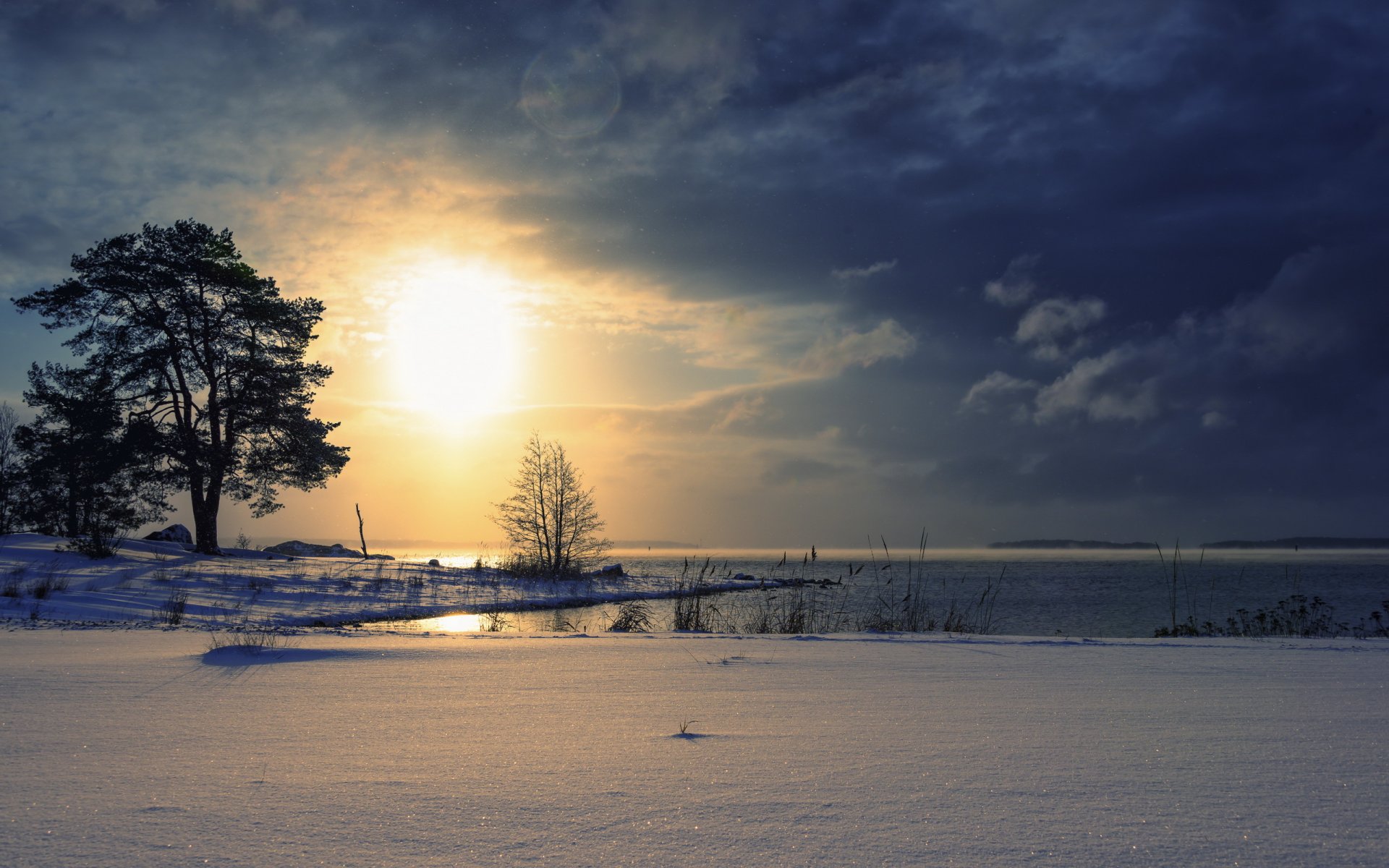 coucher de soleil lac hiver paysage