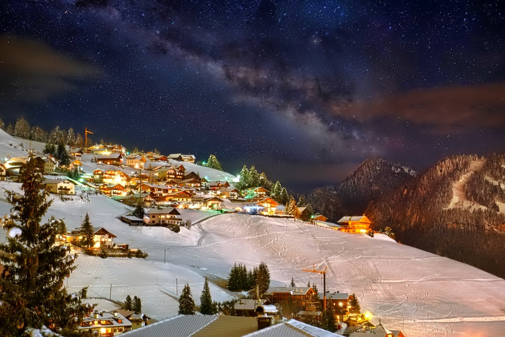 winter mountain sky night star snow town lights house resort