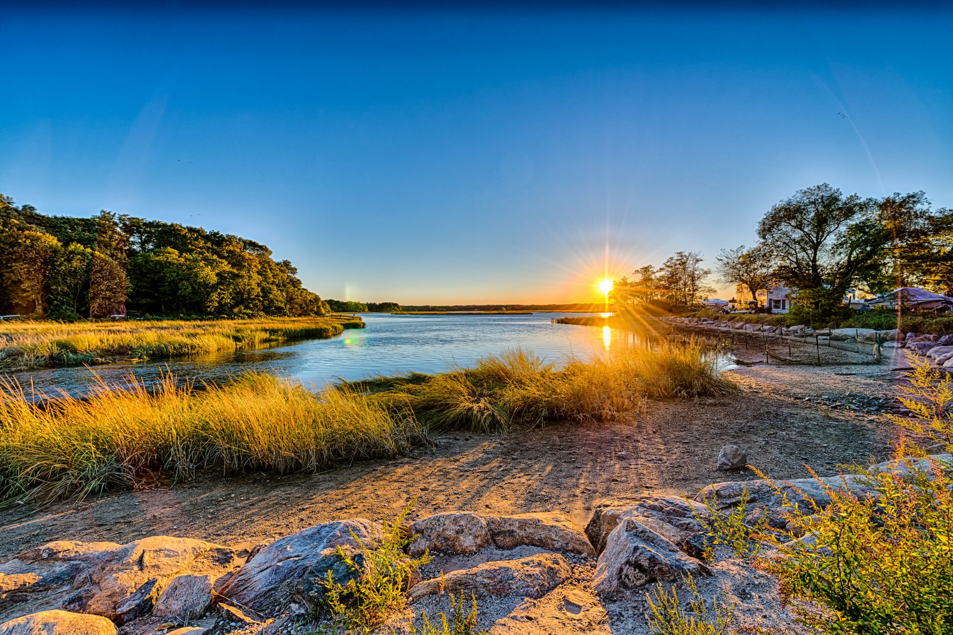 long island nueva york estados unidos cielo sol puesta de sol río costa rocas hierba árboles casa naturaleza