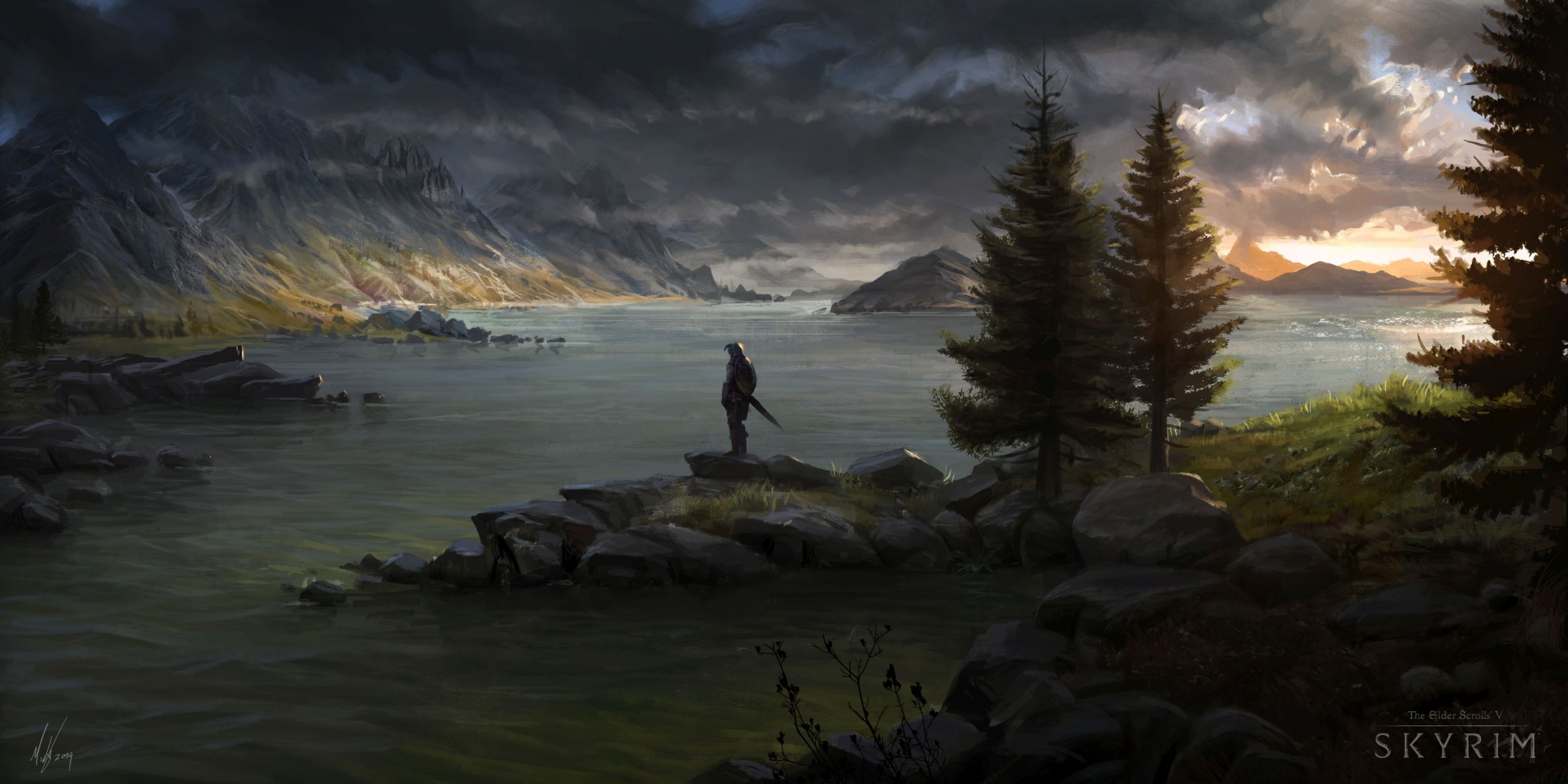 kyrim arte paesaggio dipinto crepuscolo uomo spada scudo guerriero fiume montagne alberi