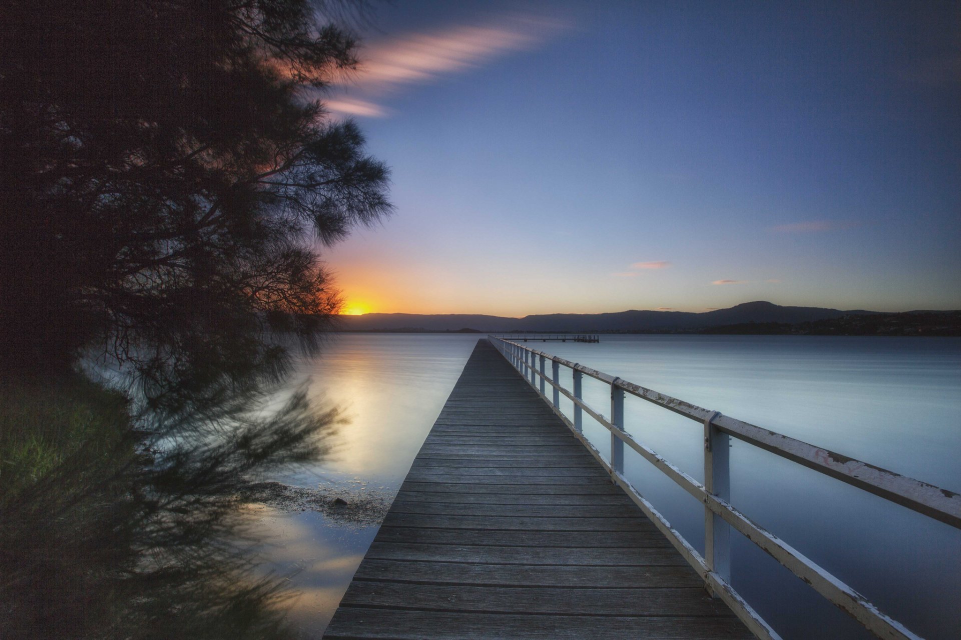 mountain lake pier tree morning dawn