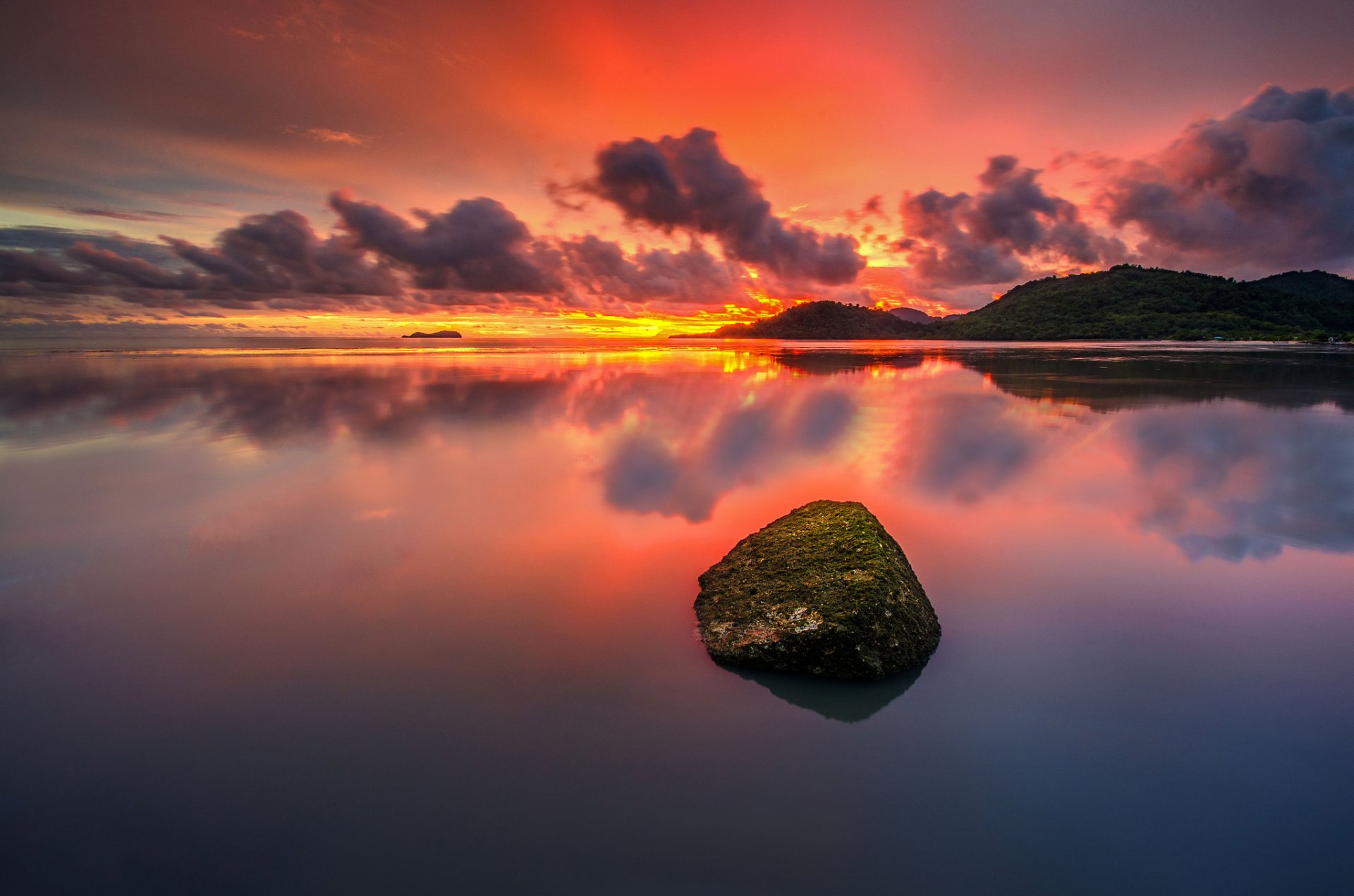 hills lake stone sunset cloud