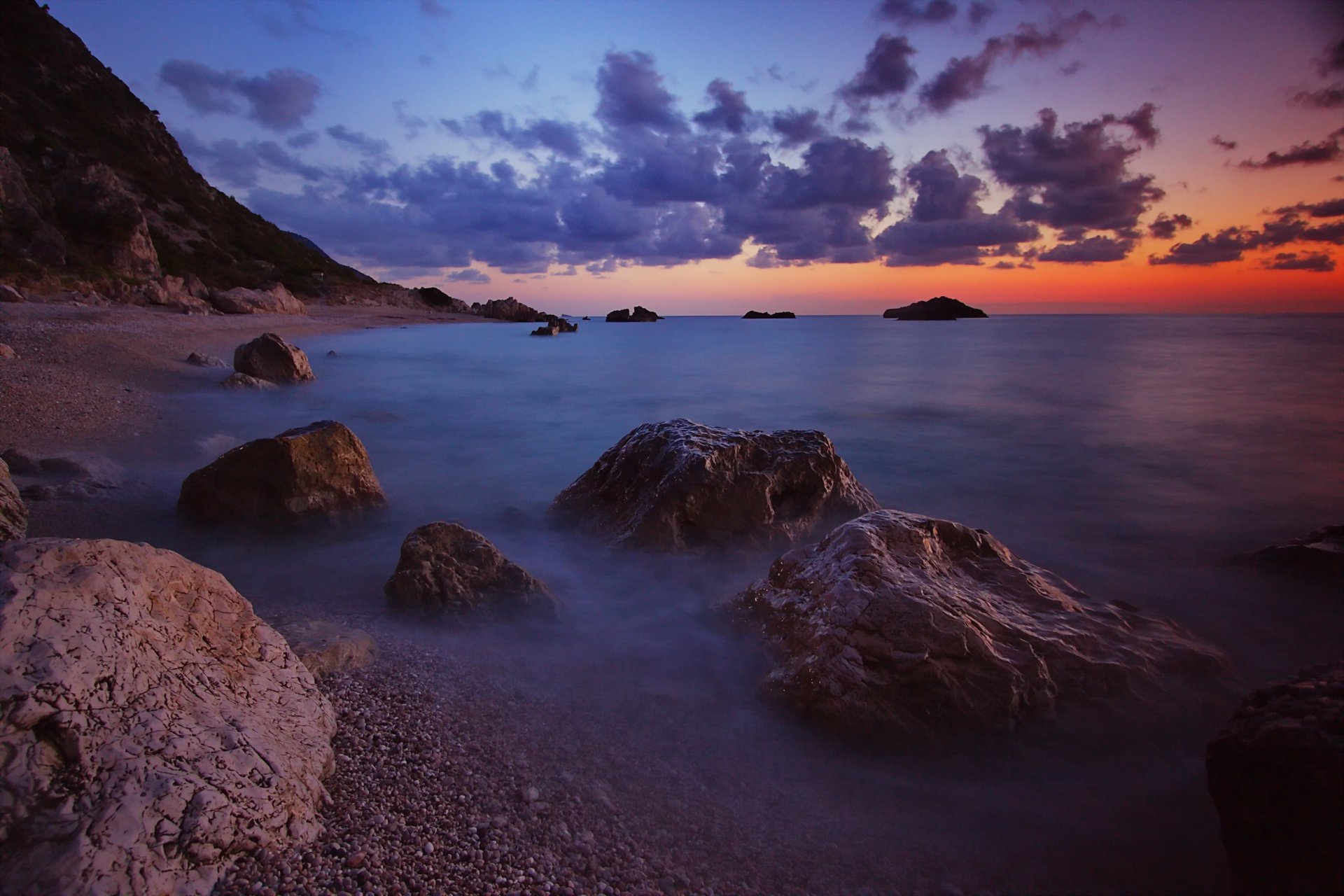 night sea waves beach stones sky clouds horizon sunset