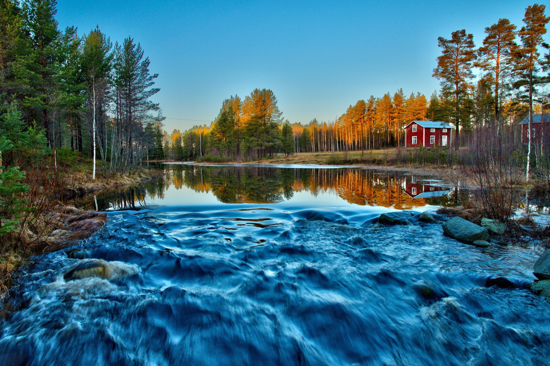 wald häuser rot fluss strom bewegung morgen