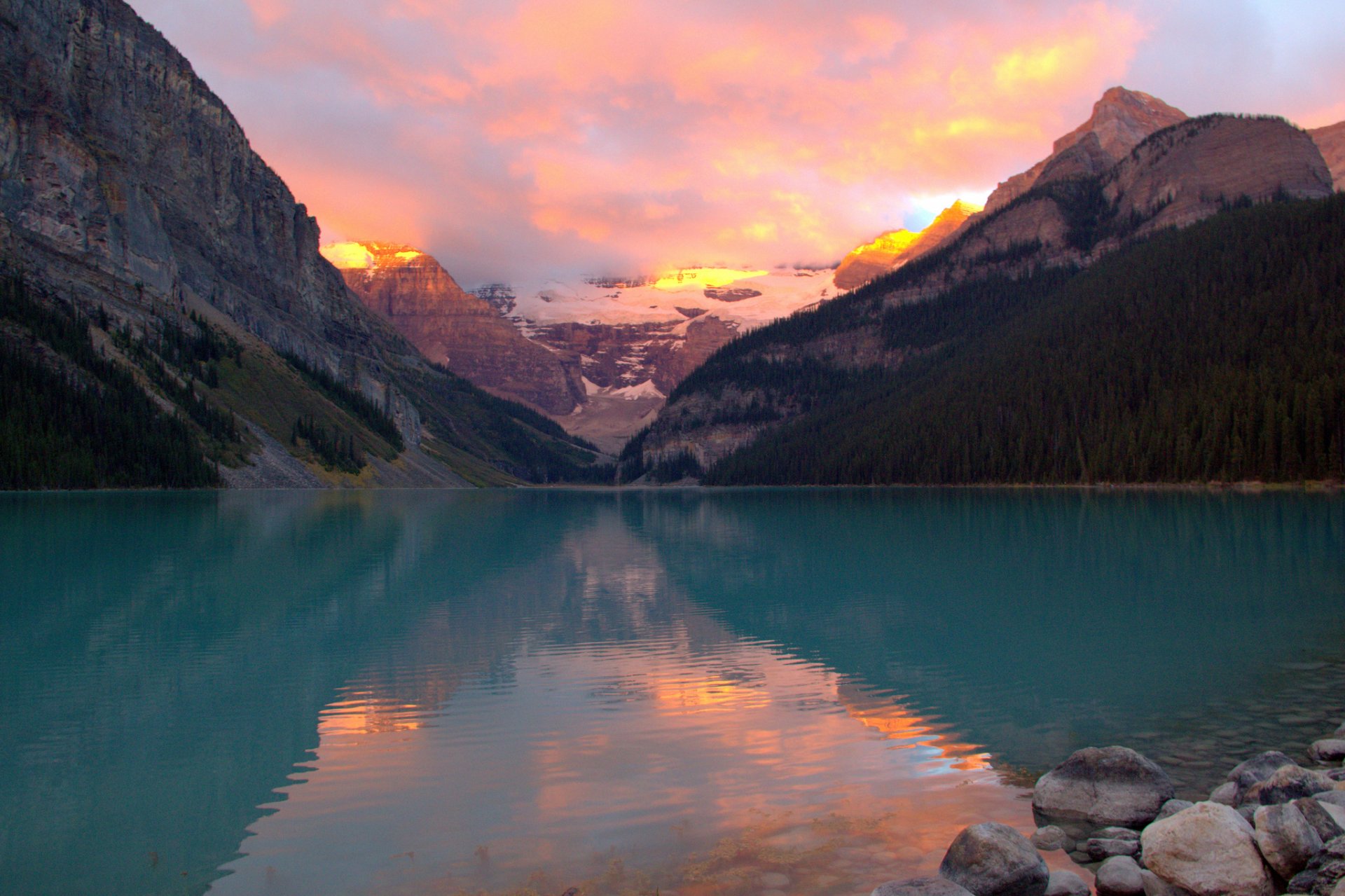 mountain forest lake sunset