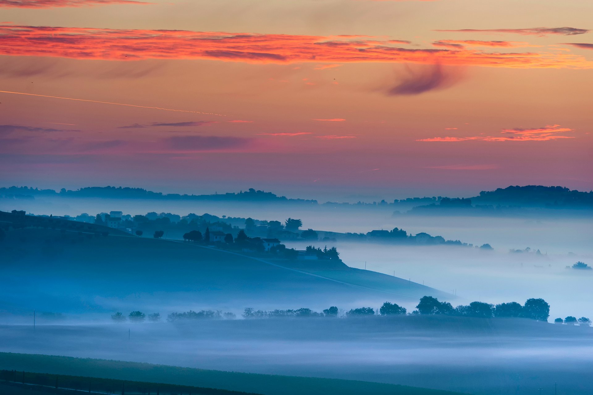 morning sky light fog village