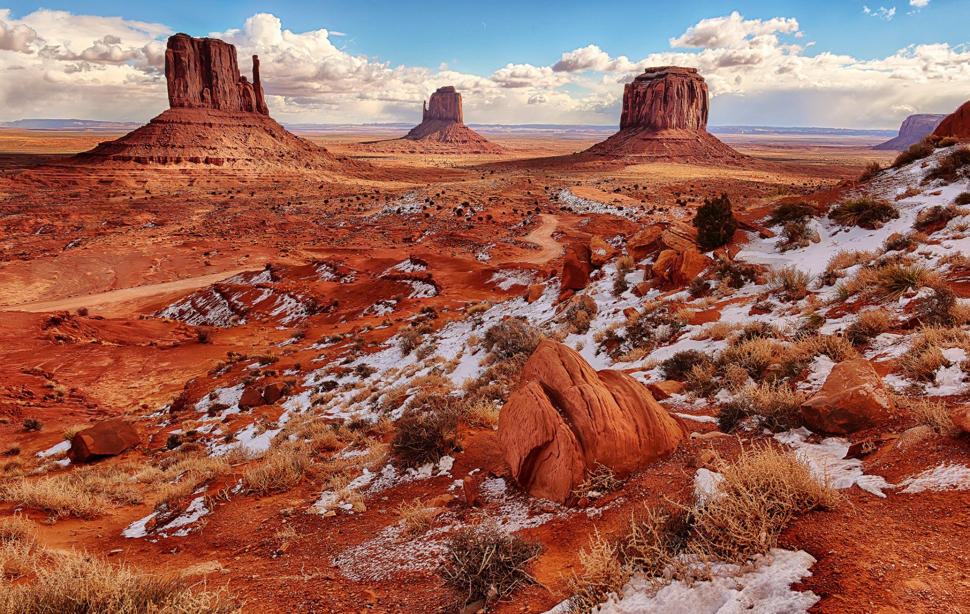 états-unis arizona monument valley roches désert neige ciel nuages