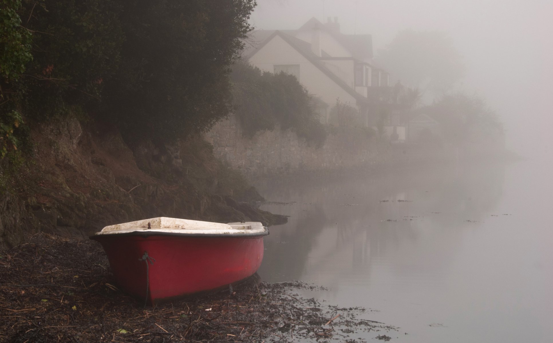 barca fiume nebbia mattina riva case