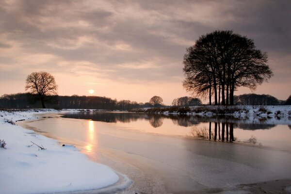 Evening sunset in the trees by the river. Winter ice in the snow 