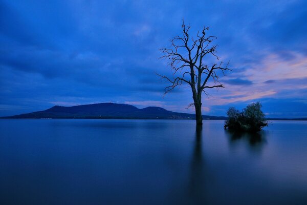 Peace over the lake at dusk. A mountain on the horizon