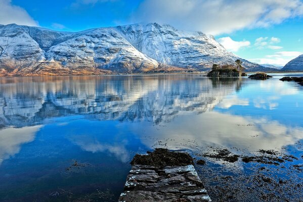 Riflesso delle montagne innevate nell acqua