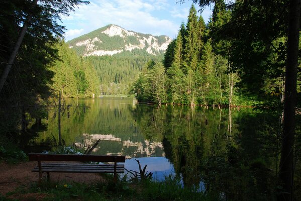 Bench by the lake with mountain view