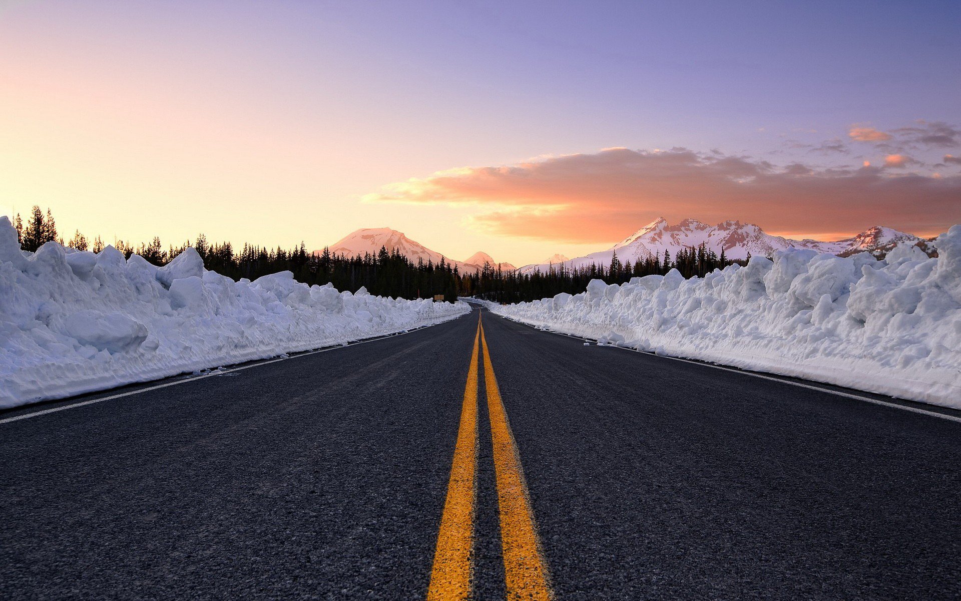 road winter snow forest sky