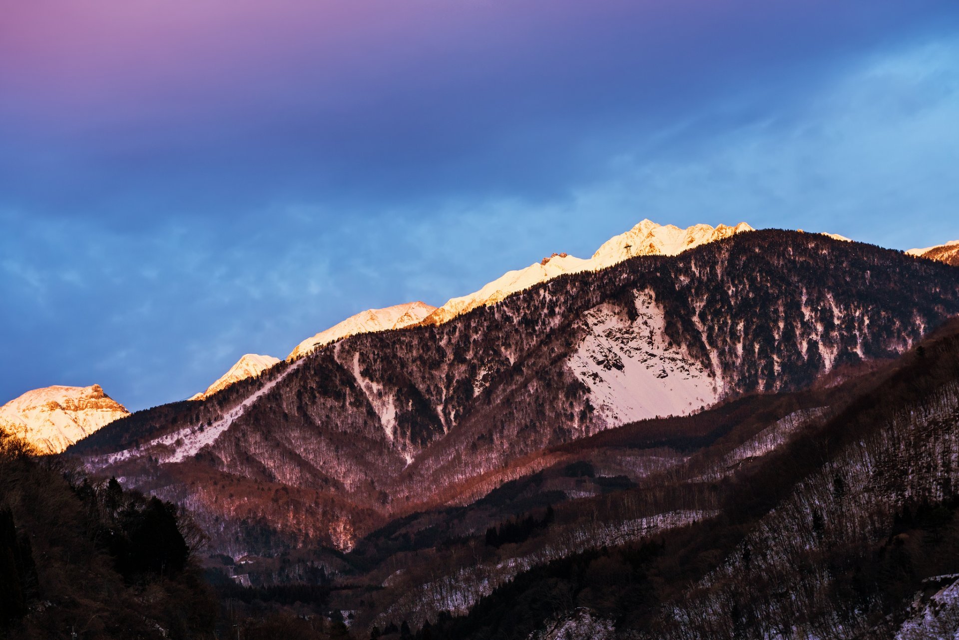 japan nagano prefecture mountain snow blue lilac sky