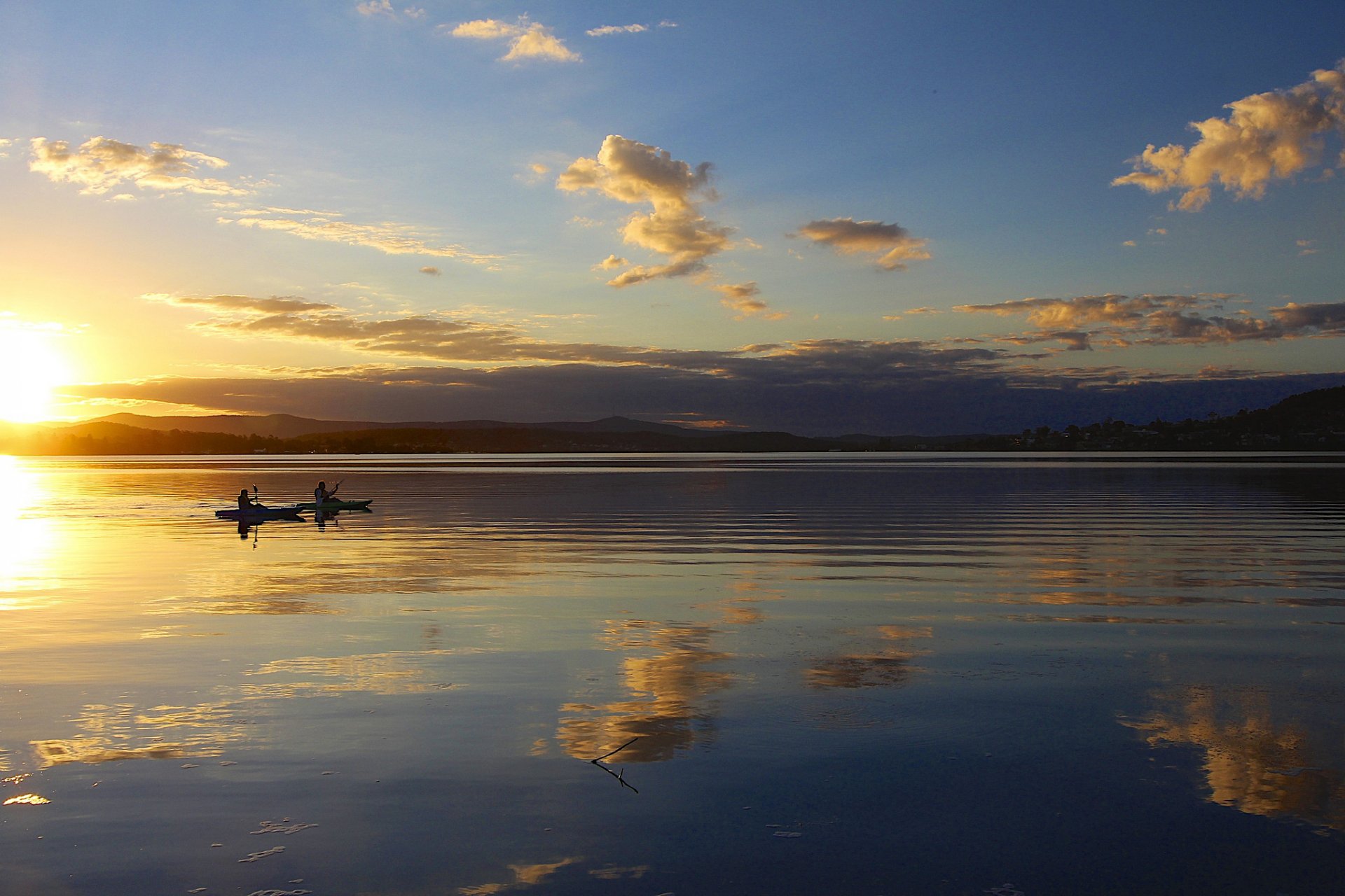 hills lake calm morning sunrise