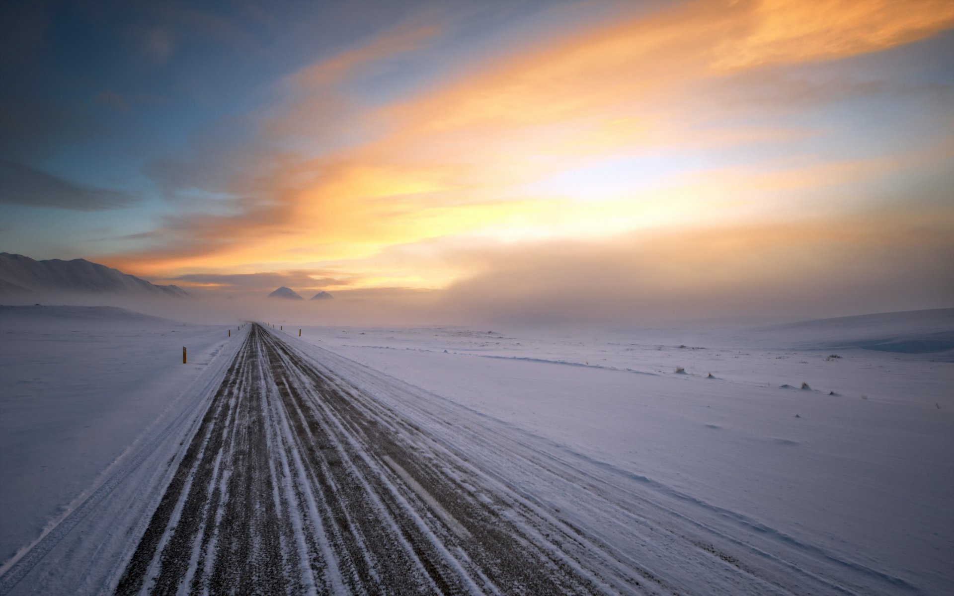 carretera invierno puesta de sol paisaje