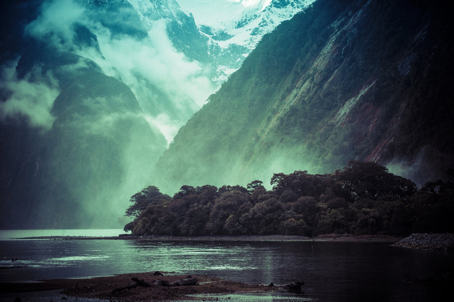 mountain clouds lake waterfall tree