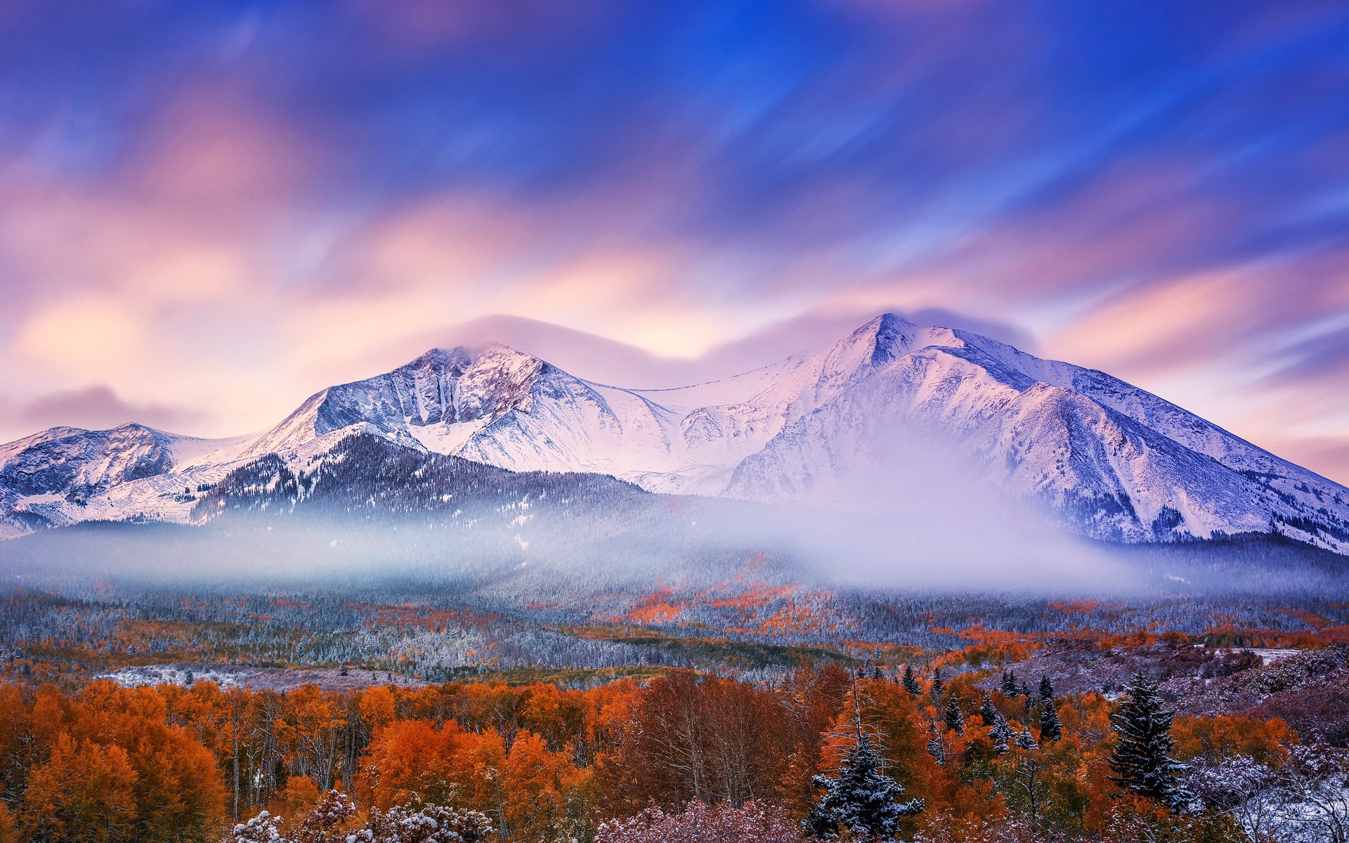 montagnes matin ciel neige forêt automne