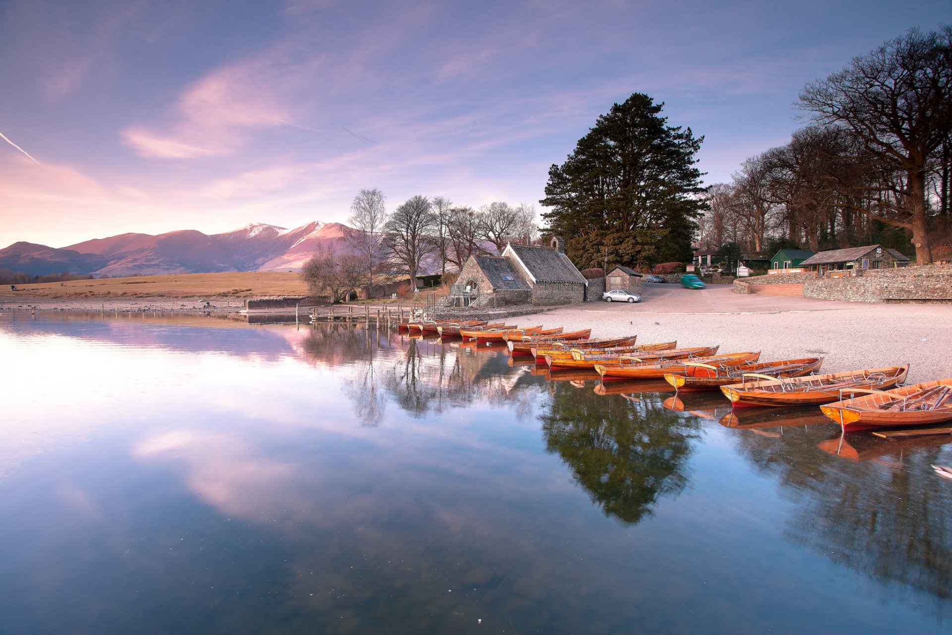 mountain lake beach boat house tree morning dawn pink