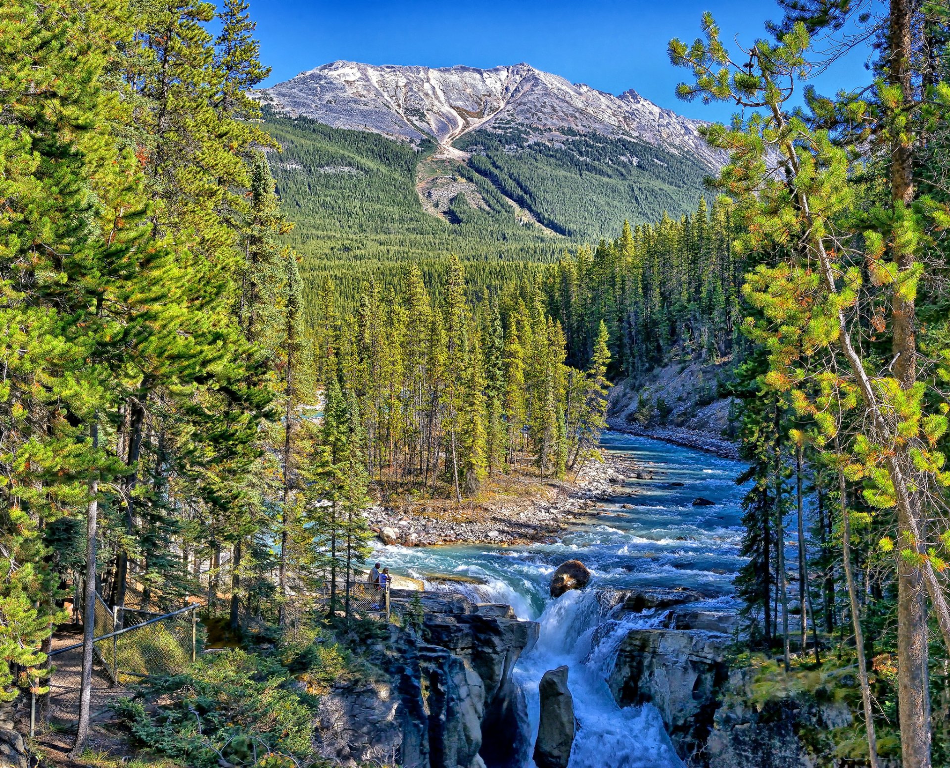 unwapta wasserfall jasper national park alberta kanada sunwapta river jasper fluss berge wald wasserfall