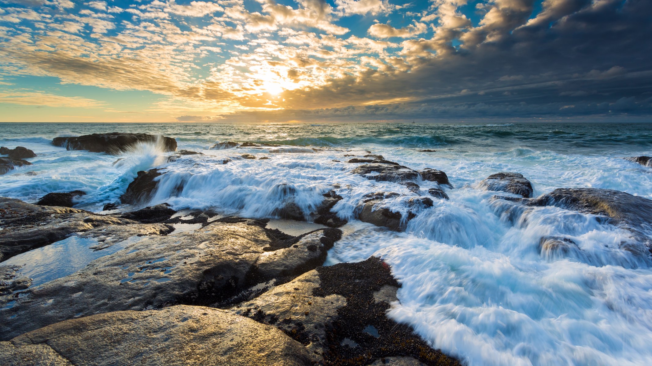 rock sea boat sunset cloud