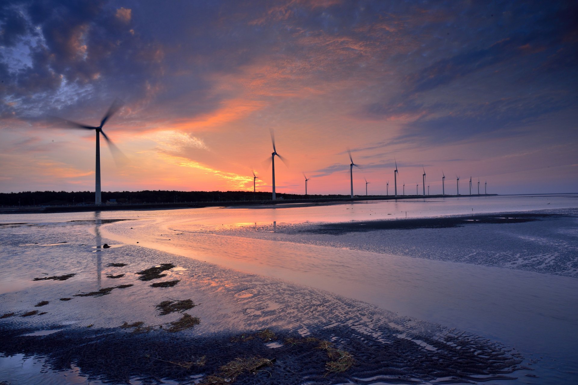 windmühlen propeller klingen dämmerung wasser gestrandet algen