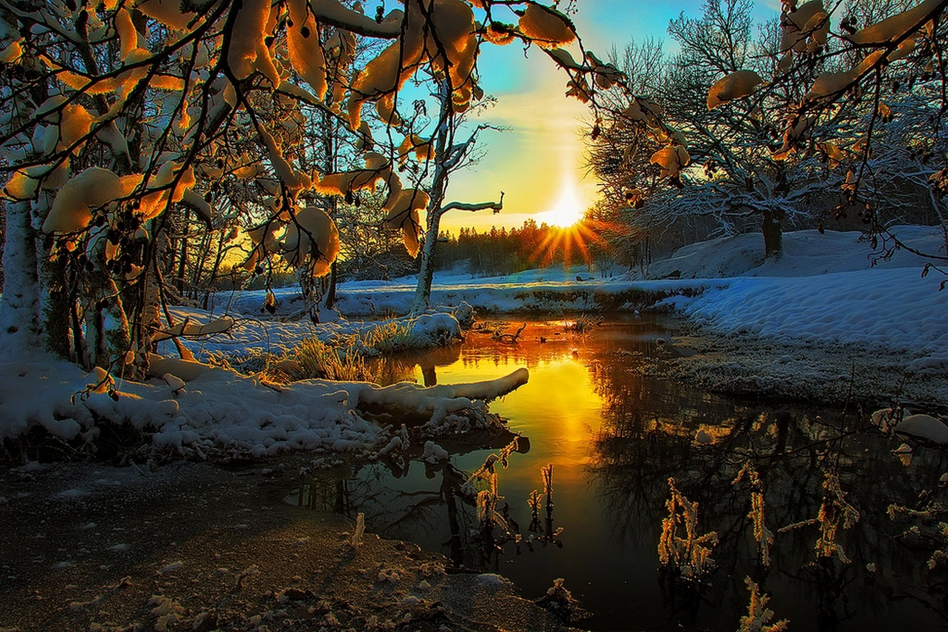 natur hdr landschaft saison winter ansicht farben schnee eis wolken himmel sonnenuntergang baum bäume fluss cool schön winter ansicht farbe fluss