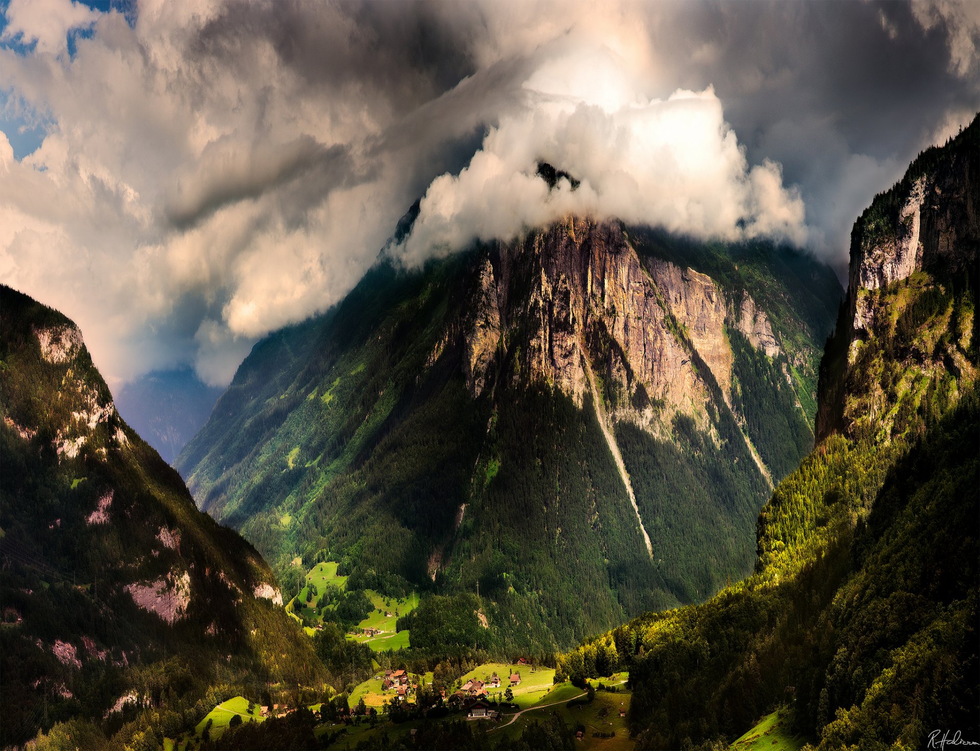 witzerland mountains valley gorge houses view forest cloud