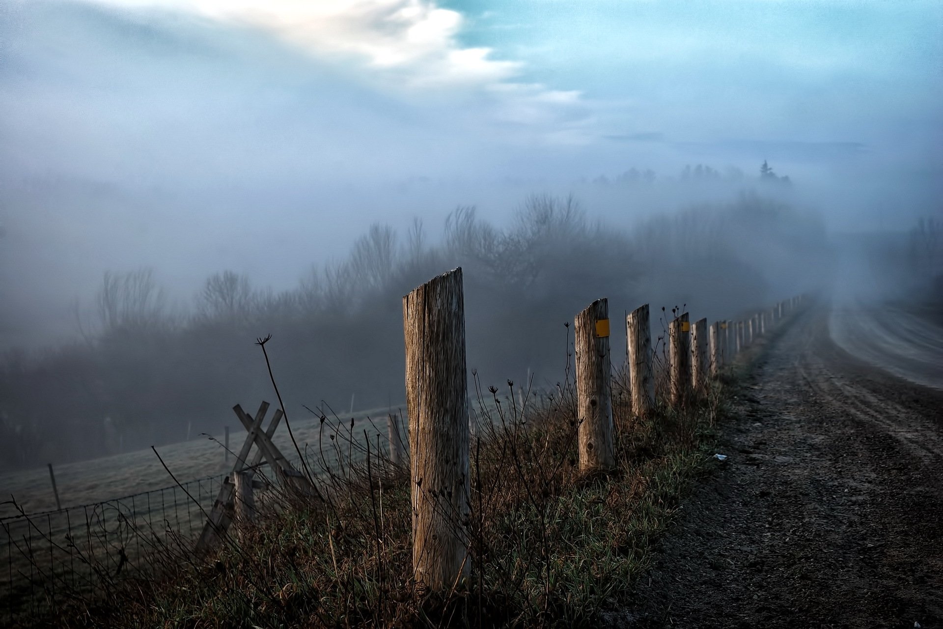 road morning fog fence landscape