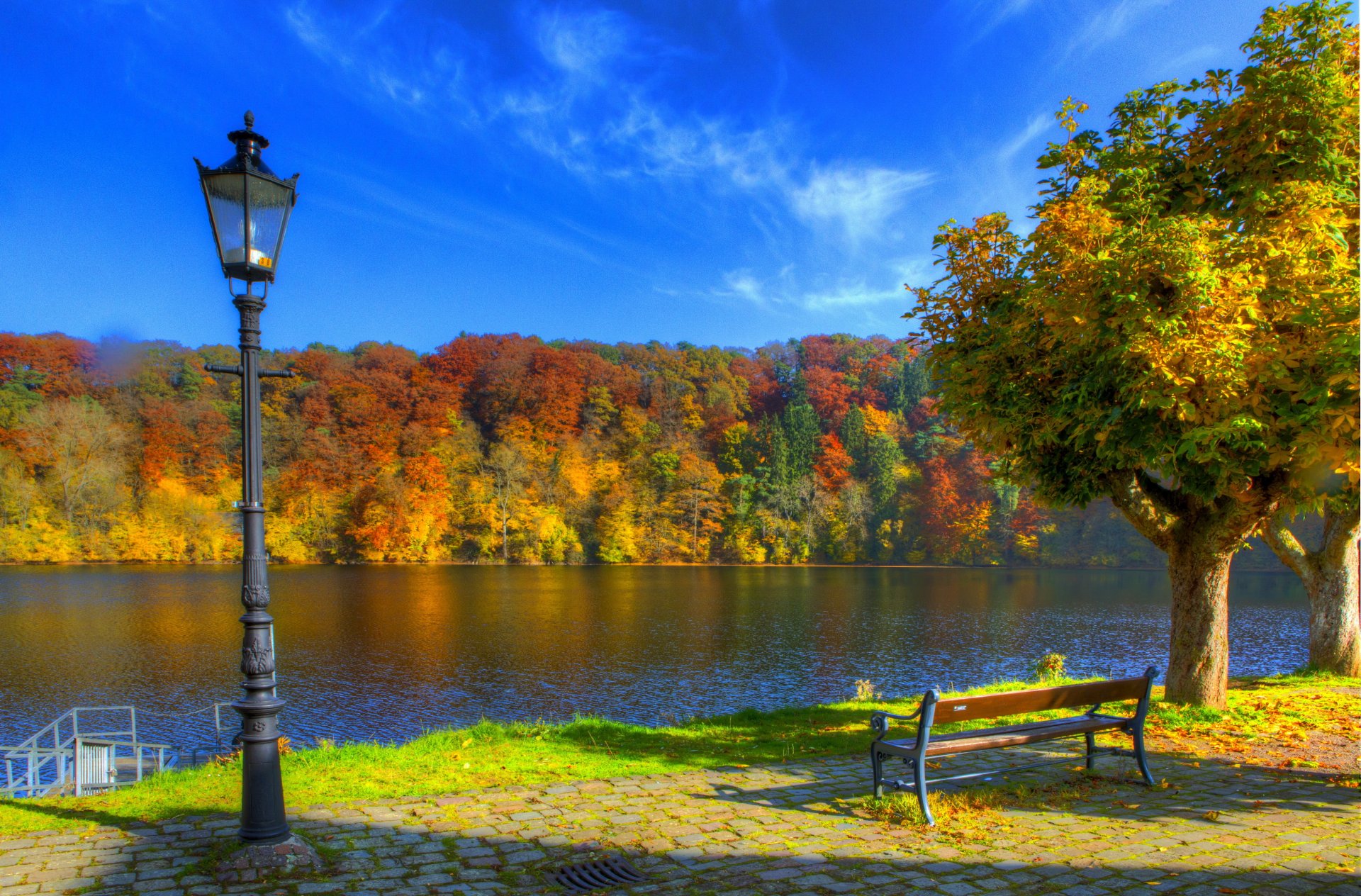 fiume germania autunno cielo ulmen lanterne panchina alberi hdr natura foto