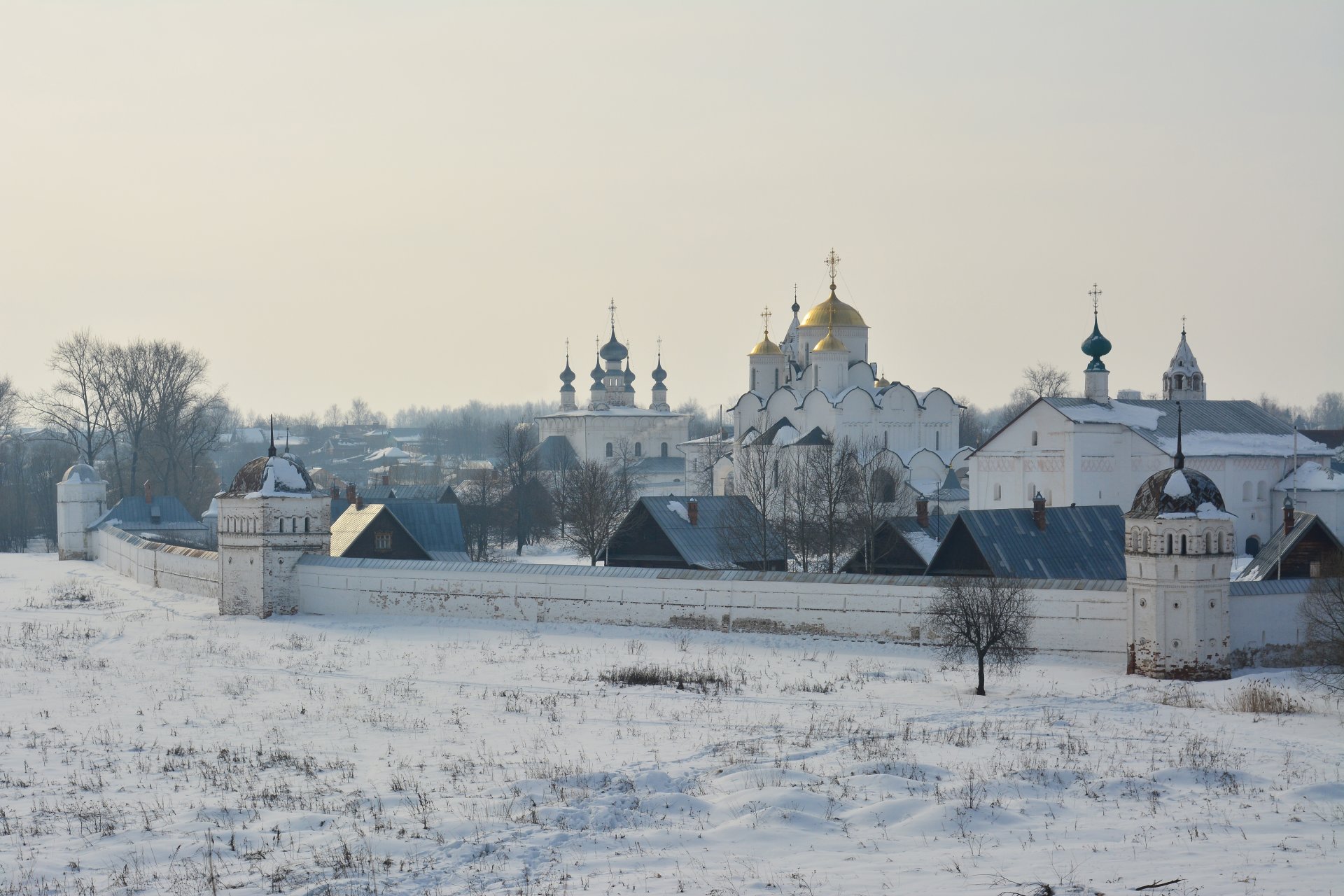 uzdal morning monastery church temple house wall tree haze winter snow landscape