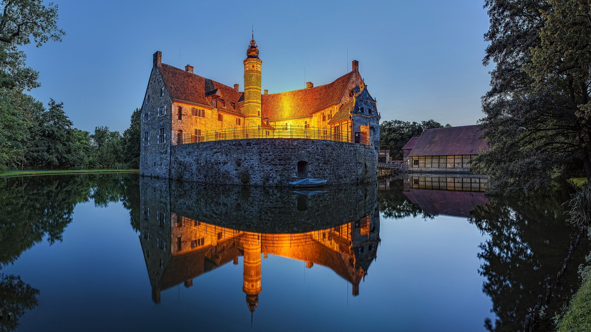 bäume see schloss beleuchtung abend dämmerung