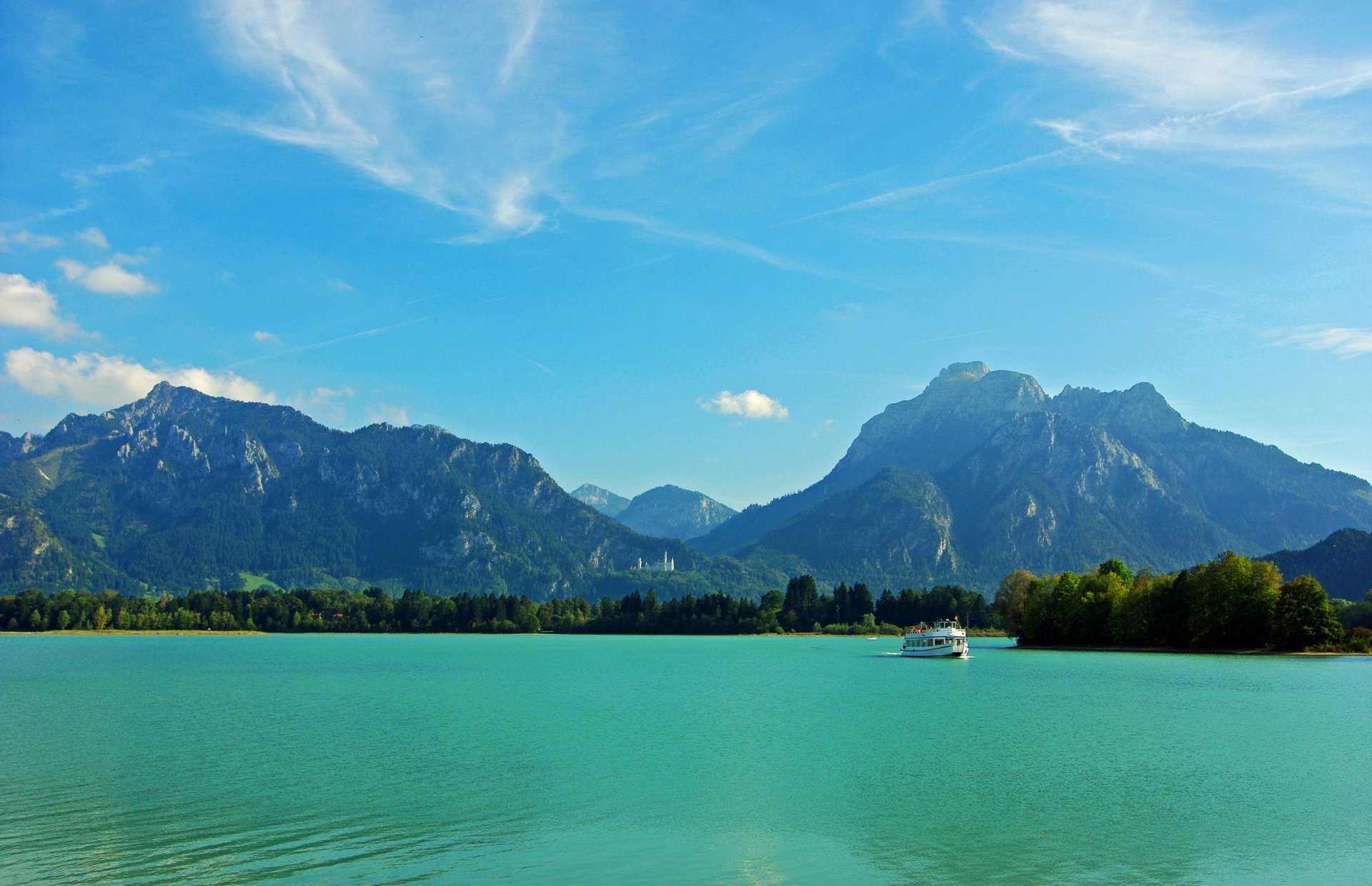 germany bavaria river mountains castle trees ferry sky