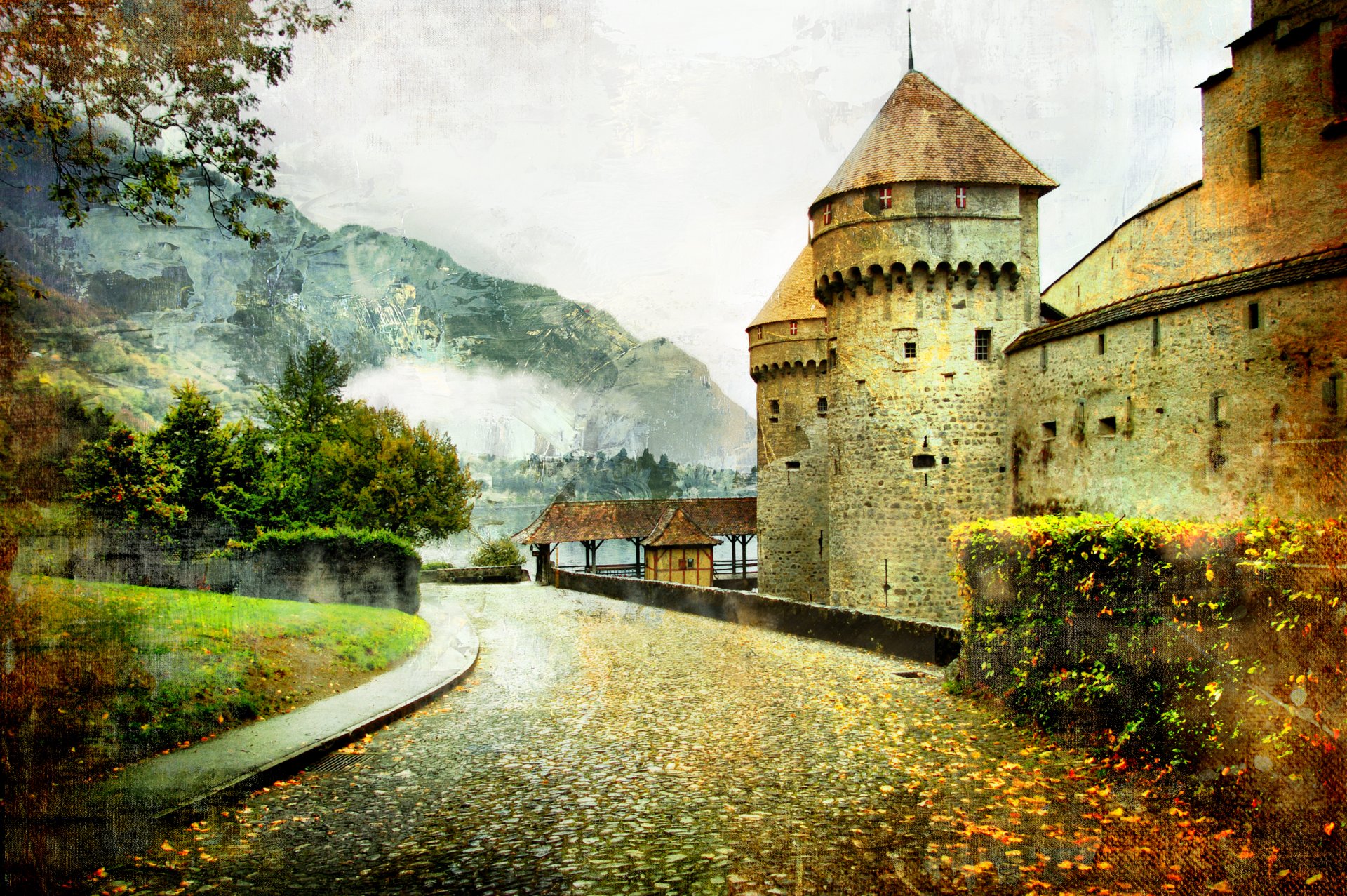 fairytale castle landscape road vintage mountain