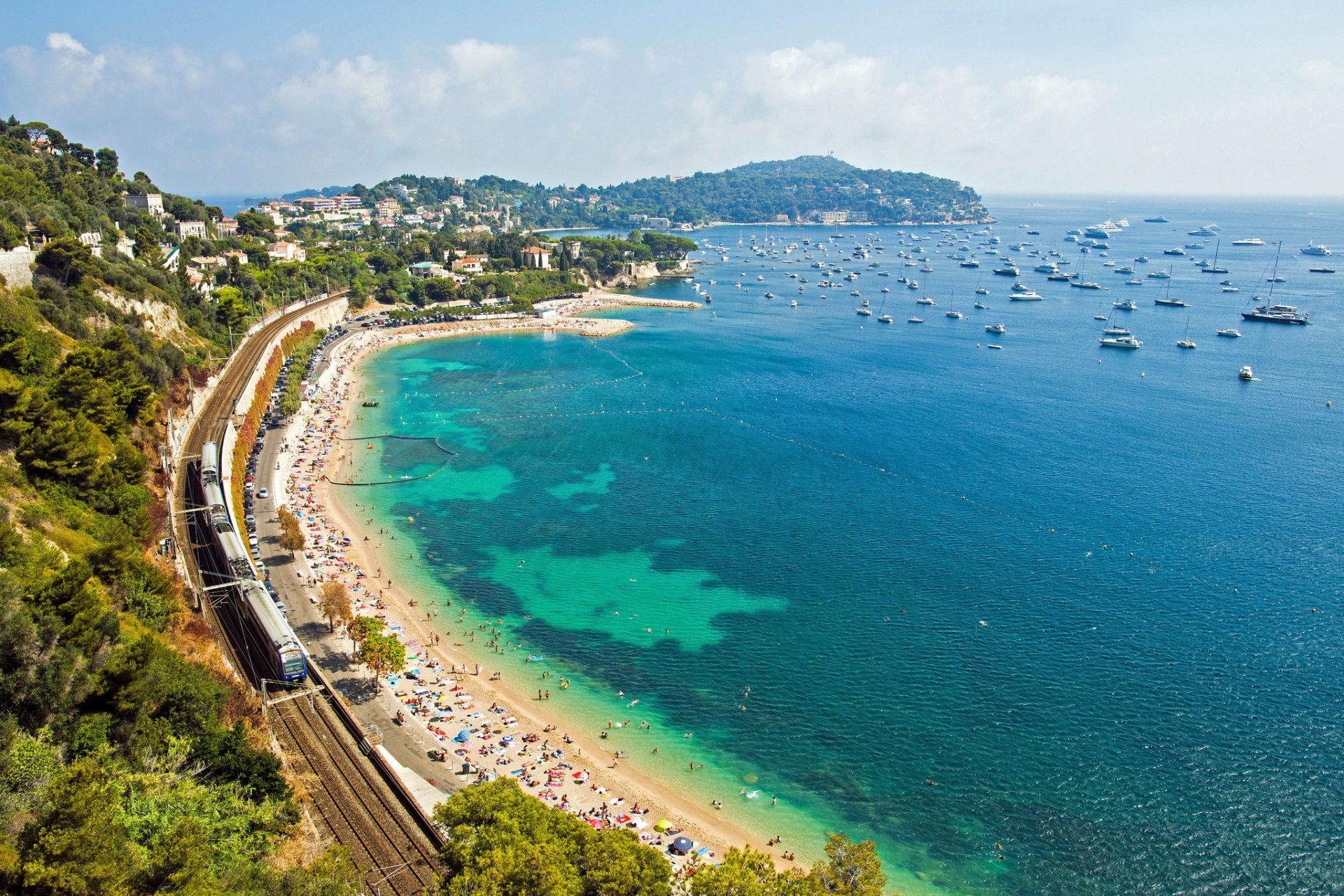 villefranche-sur-mer france french riviera villefranche-sur-mer cote d azur mediterranean sea coast railway yachts beach train raid panorama