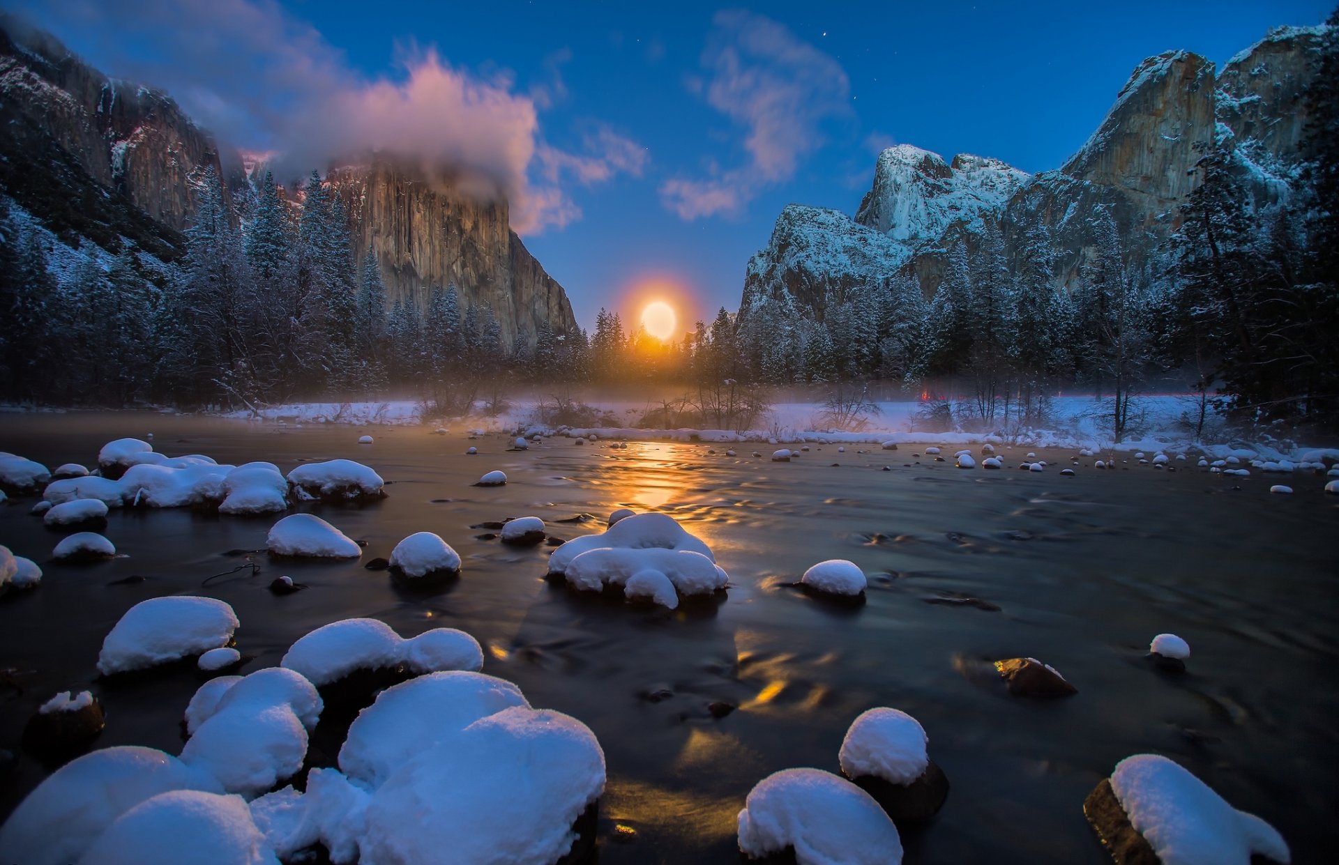 estados unidos parque nacional de yosemite puerta del valle montañas río invierno bosque nieve luna